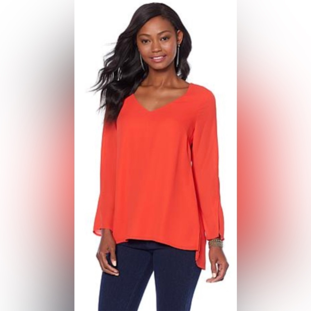 Lysse Red-Orange V-Neck Slit Sleeve Blouse. Size-Medium Casual Feminine
